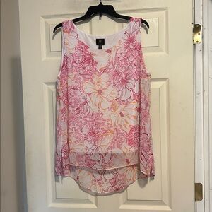 JM Collection Pink and White Floral Double Layer Design Blouse Size Large